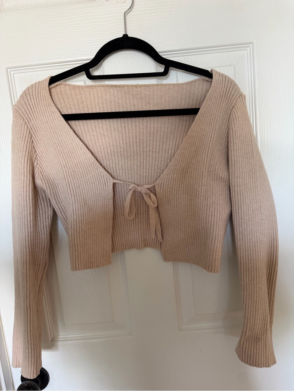 Tie-Front Ribbed Cropped Cardigan - Beige